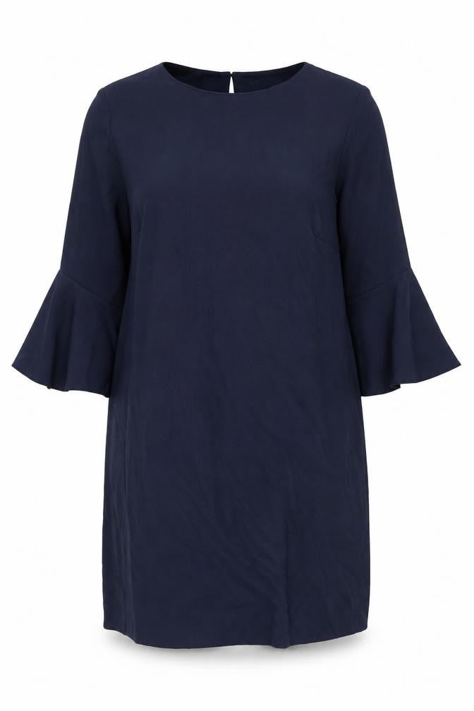 Front view of Finery women’s blue polyester a-line, size UK 18, round neck button