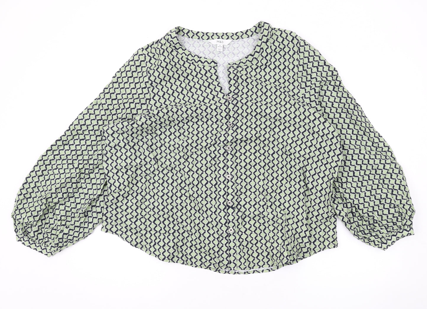Marks and Spencer Womens Green Geometric Cotton Basic Blouse Size 20 Round Neck