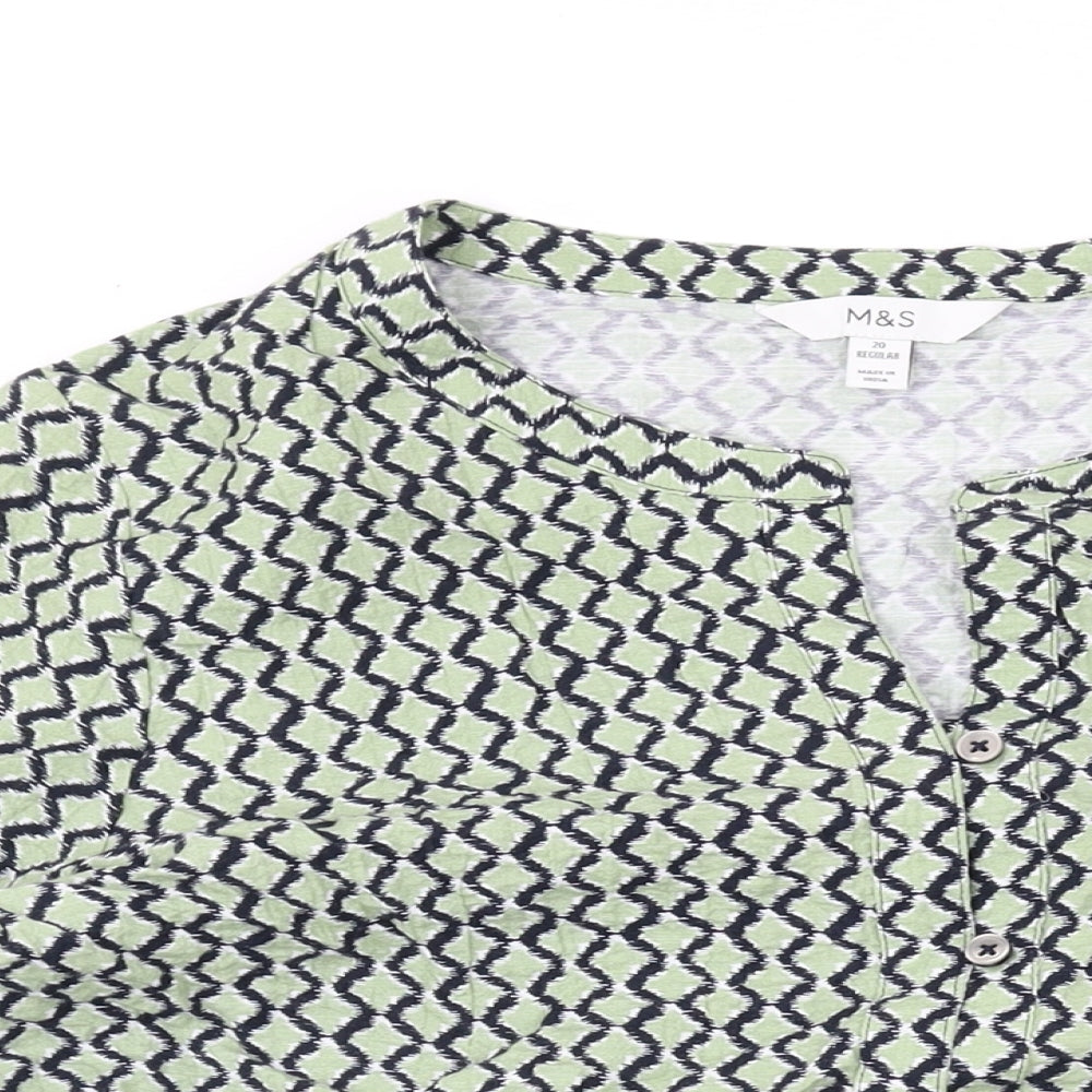 Marks and Spencer Womens Green Geometric Cotton Basic Blouse Size 20 Round Neck