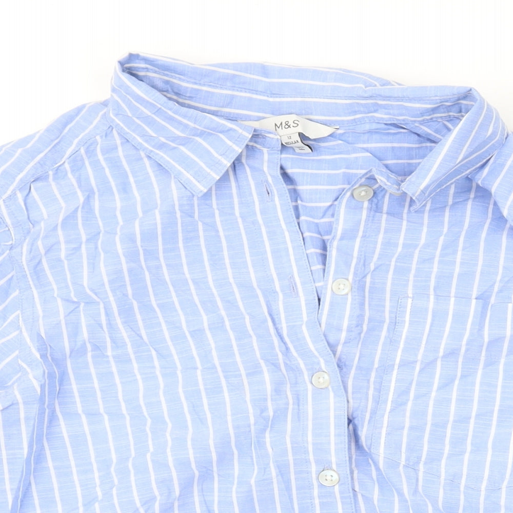 Marks and Spencer Womens Blue Striped Cotton Basic Button-Up Size 12 Collared