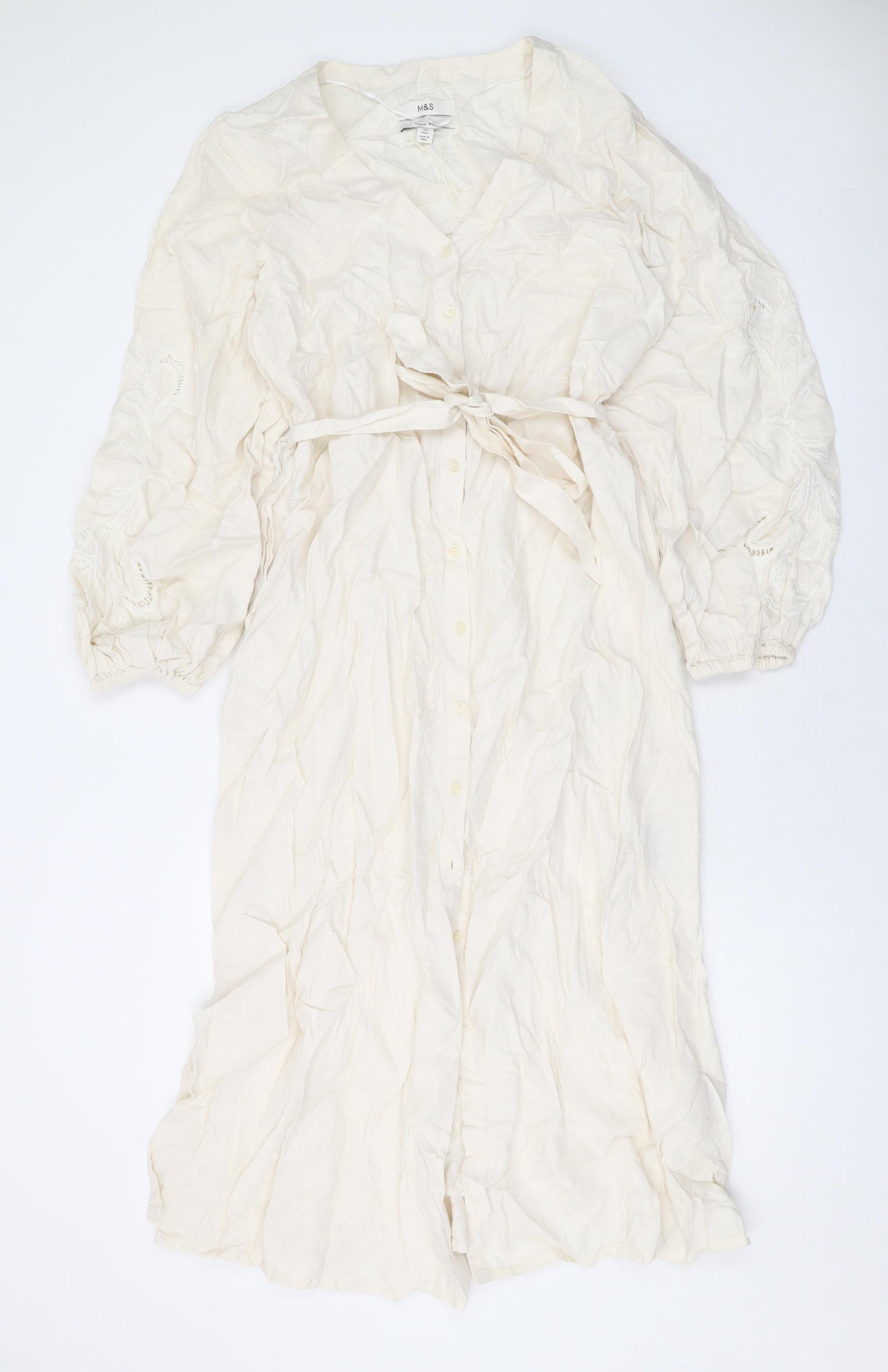 Marks and Spencer Womens Beige Linen Maxi Size 12 Round Neck Button