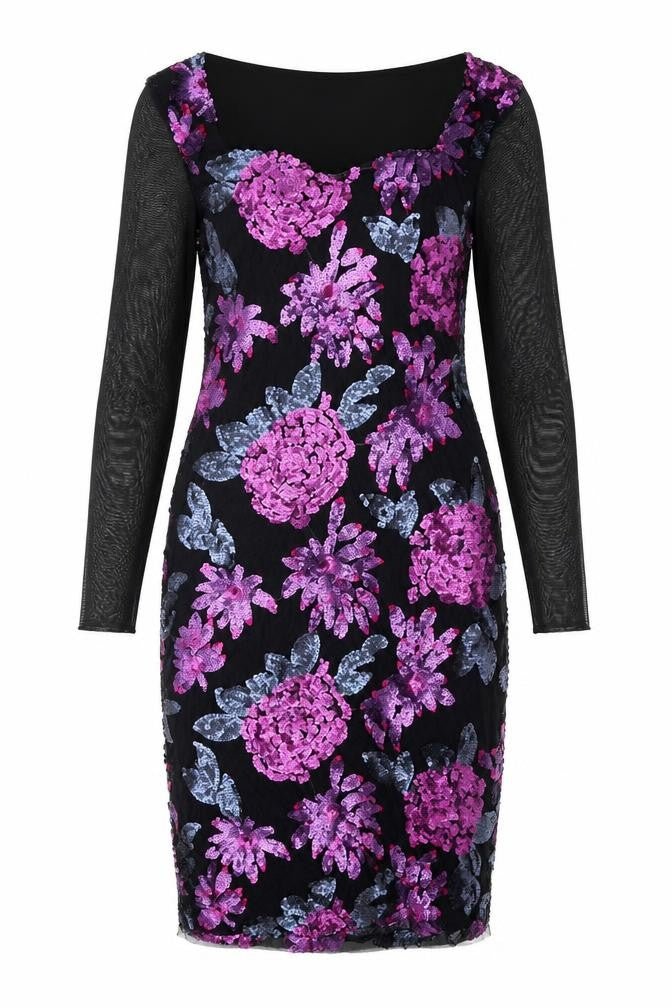 Front view of Cotton Traders women’s purple geometric polyester bodycon, size UK 12, square neck pullover