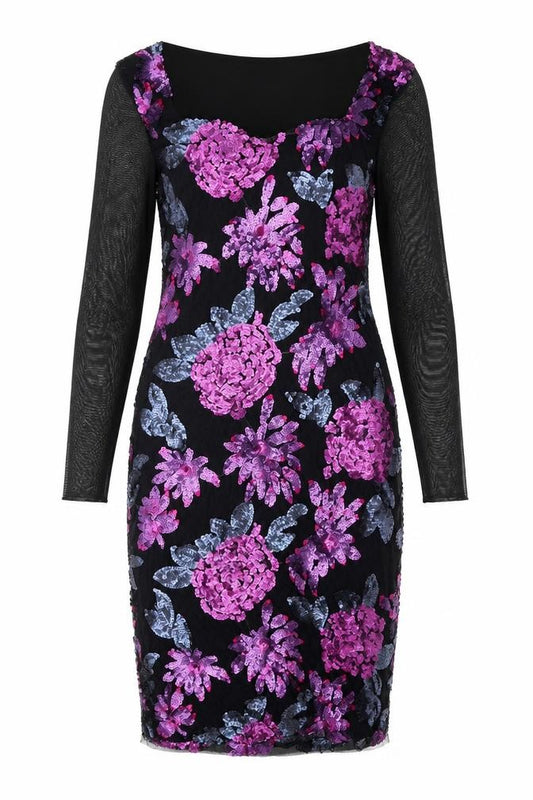 Front view of Cotton Traders women’s purple geometric polyester bodycon, size UK 12, square neck pullover