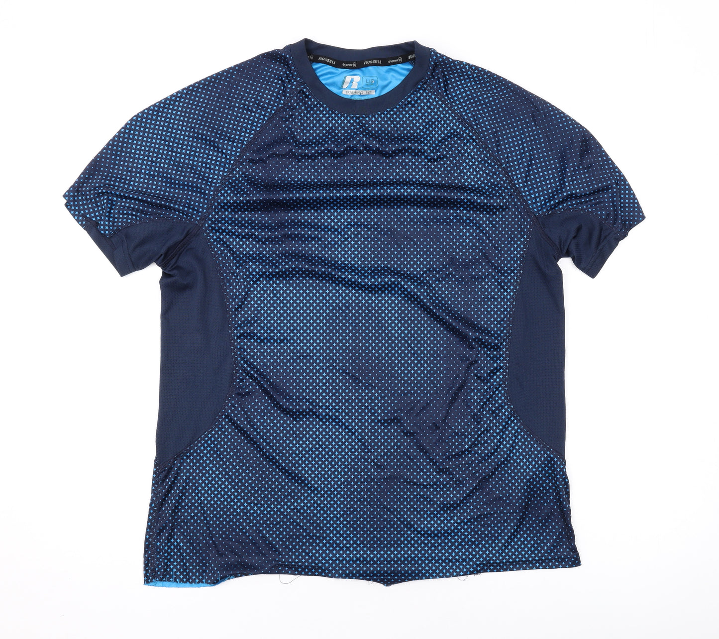 Russell Mens Black Geometric Polyester Basic T-Shirt Size L Round Neck Pullover