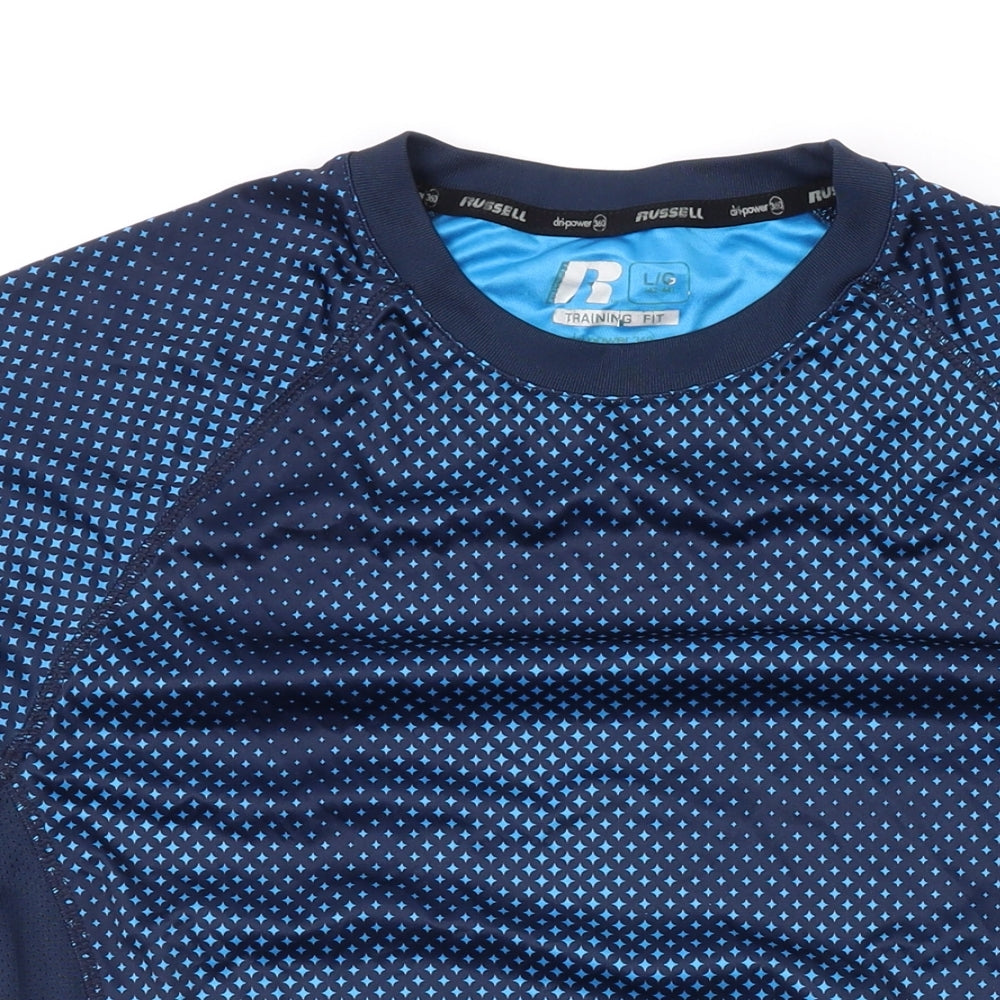 Russell Mens Black Geometric Polyester Basic T-Shirt Size L Round Neck Pullover