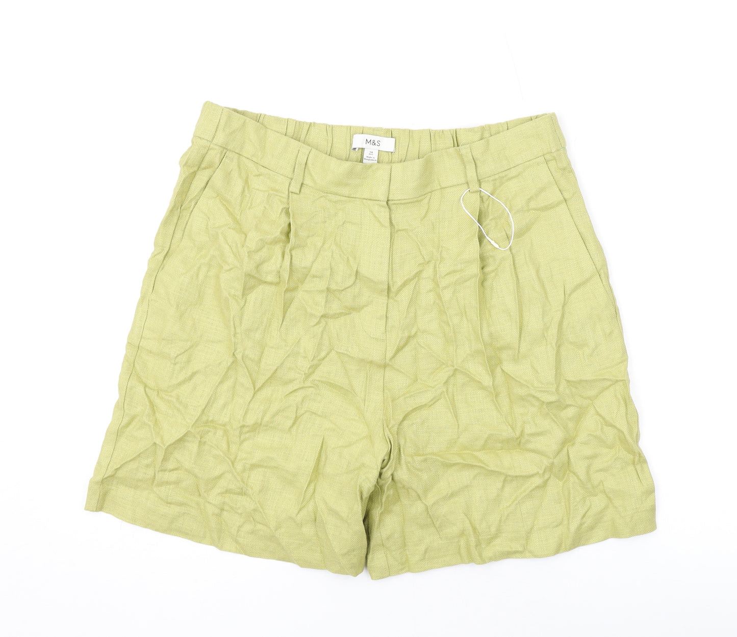 Marks and Spencer Womens Green Linen Basic Shorts Size 14 L5 in Regular Zip