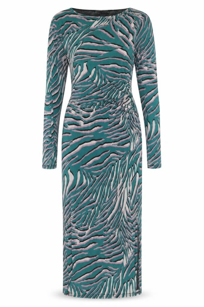 Front view of Oasis women’s green animal print polyester maxi, size S, round neck pullover