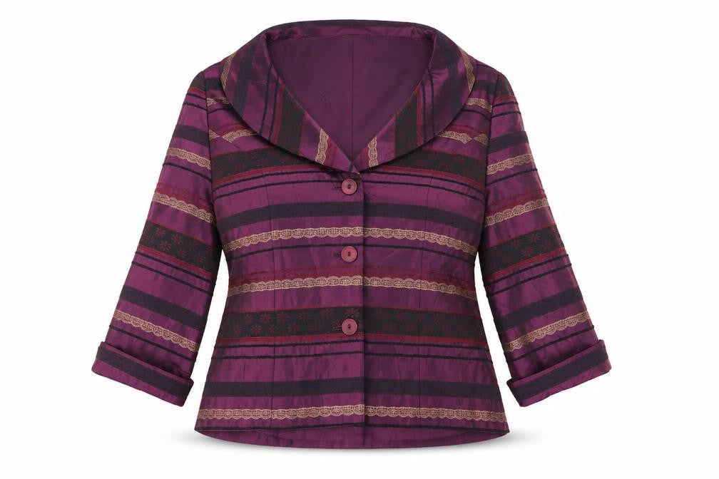 Front view of Alex & Co. women’s purple geometric jacket blazer, size UK 16, button