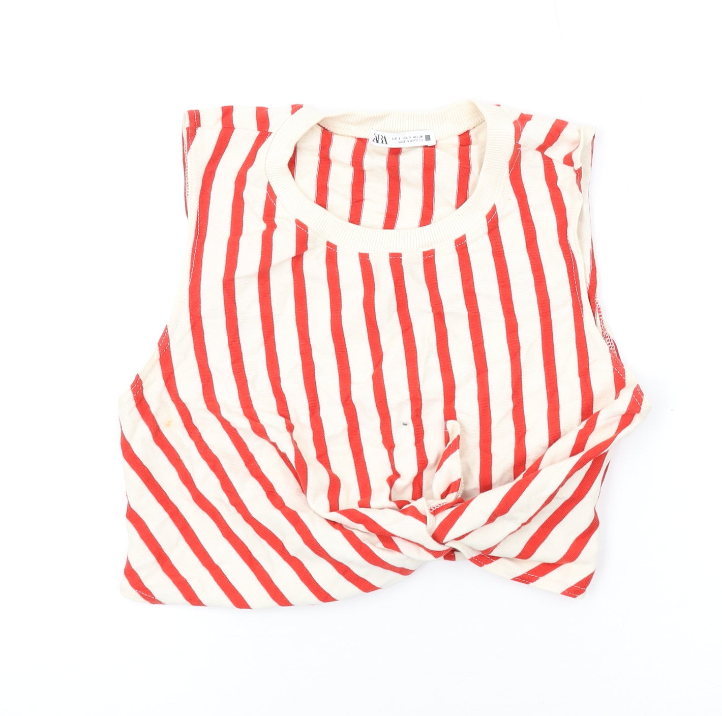 Zara Womens Red Striped Cotton Basic Tank Size S Round Neck