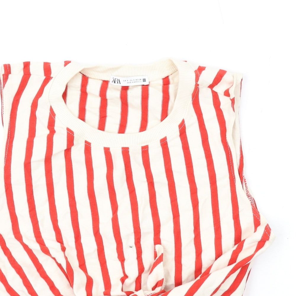 Zara Womens Red Striped Cotton Basic Tank Size S Round Neck