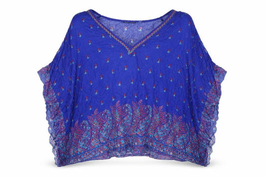 Front view of Bonmarché women’s blue geometric viscose basic blouse, size L, v-neck