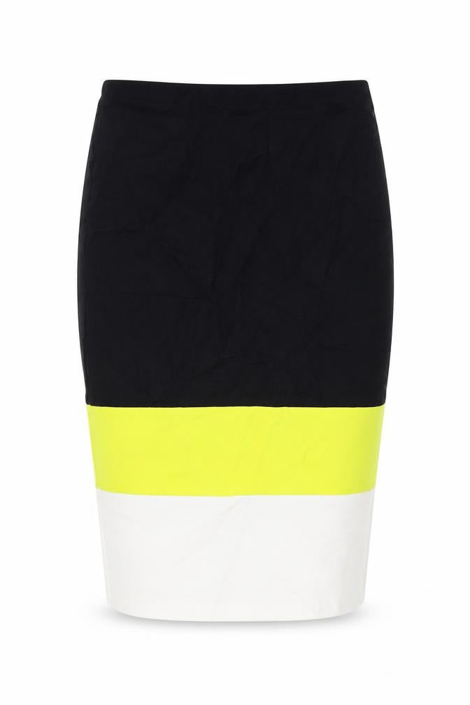 Front view of River Island women’s black viscose bandage skirt, size UK 14