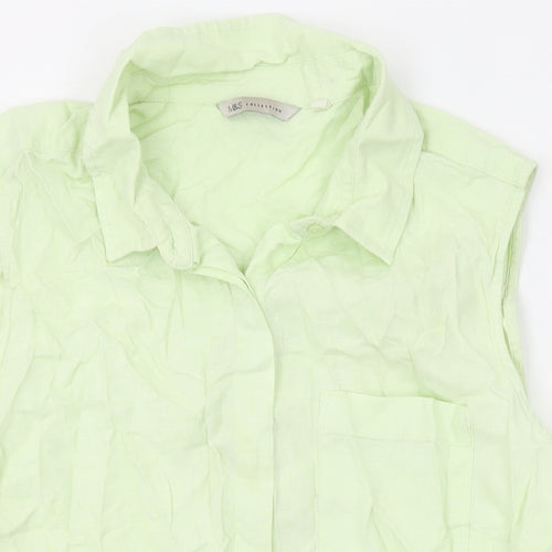 Marks and Spencer Womens Green Linen Basic Button-Up Size 16 Collared