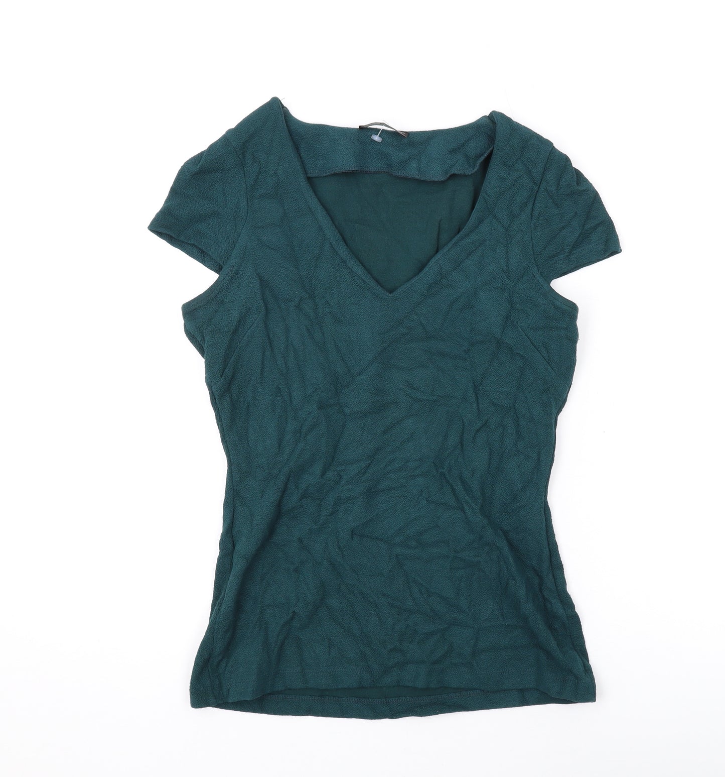 Zara Womens Green Viscose Basic T-Shirt Size M V-Neck