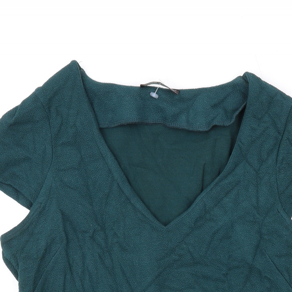 Zara Womens Green Viscose Basic T-Shirt Size M V-Neck