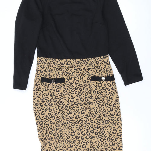 Dorothy Perkins Womens Black Animal Print Polyester Bodycon Size 8 Mock Neck Button