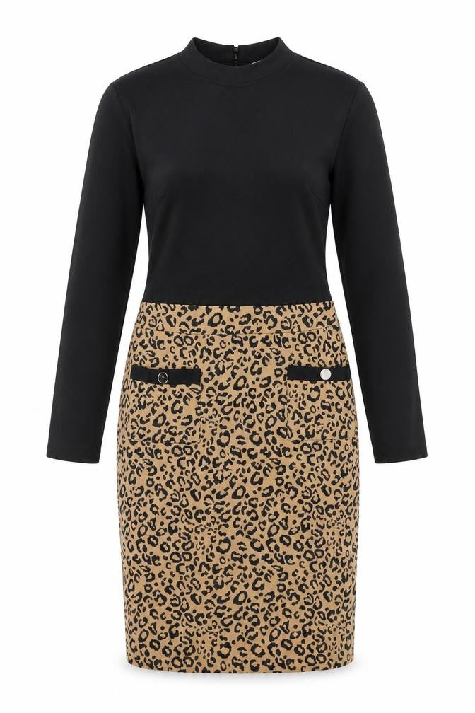 Dorothy Perkins Womens Black Animal Print Polyester Bodycon Size 8 Mock Neck Button