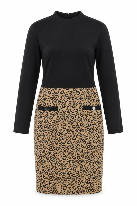 Dorothy Perkins Womens Black Animal Print Polyester Bodycon Size 8 Mock Neck Button