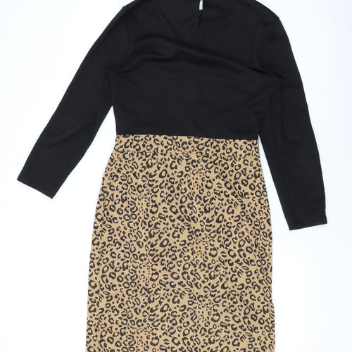 Dorothy Perkins Womens Black Animal Print Polyester Bodycon Size 8 Mock Neck Button