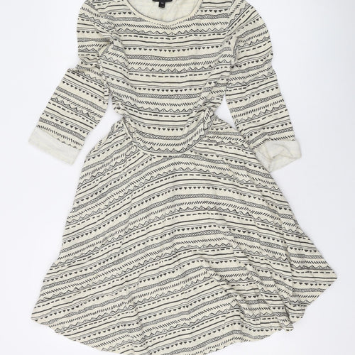 Topshop Womens Beige Geometric Polyester Skater Dress Size 6 Scoop Neck Pullover
