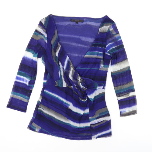 Coast Womens Blue Striped Polyamide Basic Blouse Size 12 V-Neck
