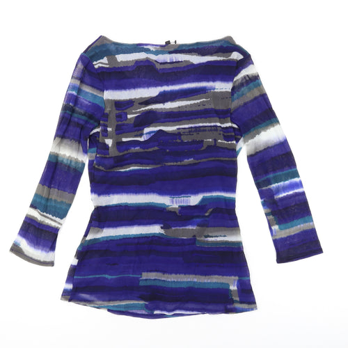 Coast Womens Blue Striped Polyamide Basic Blouse Size 12 V-Neck