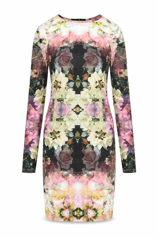 Front view of Topshop women’s multicoloured geometric polyester bodycon, size UK 10, round neck pullover