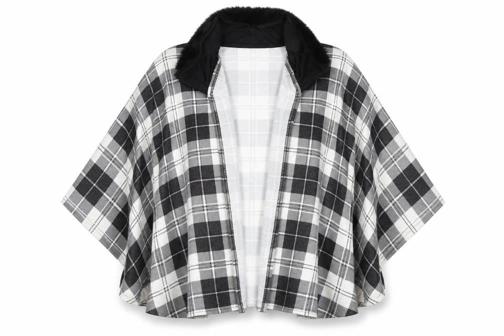 Charmine Womens Black Check Polyester Shawl/Wrap - Collared