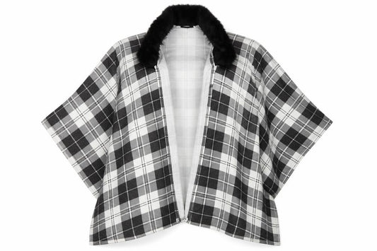 Front view of Charmine women’s black check polyester shawl/wrap - collared