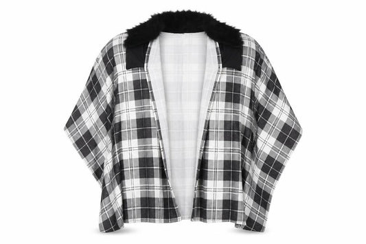 Front view of Charmine women’s black check polyester shawl/wrap - collared
