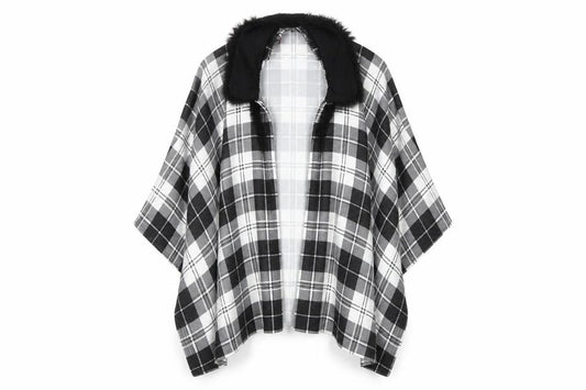 Front view of Charmine women’s black check polyester shawl/wrap - collared