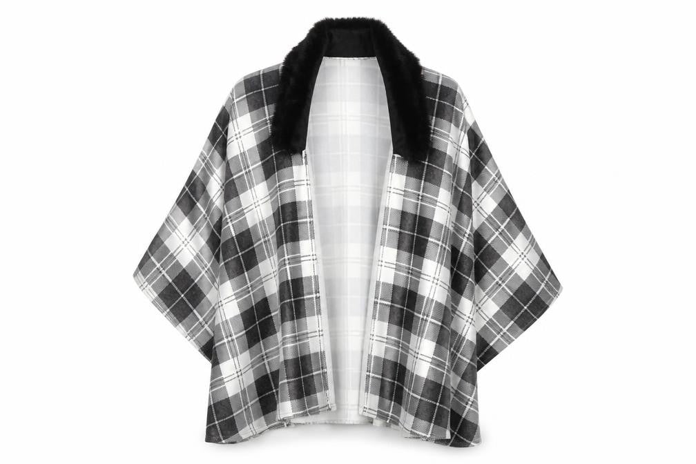 Charmine Womens Black Check Polyester Shawl/Wrap - Collared