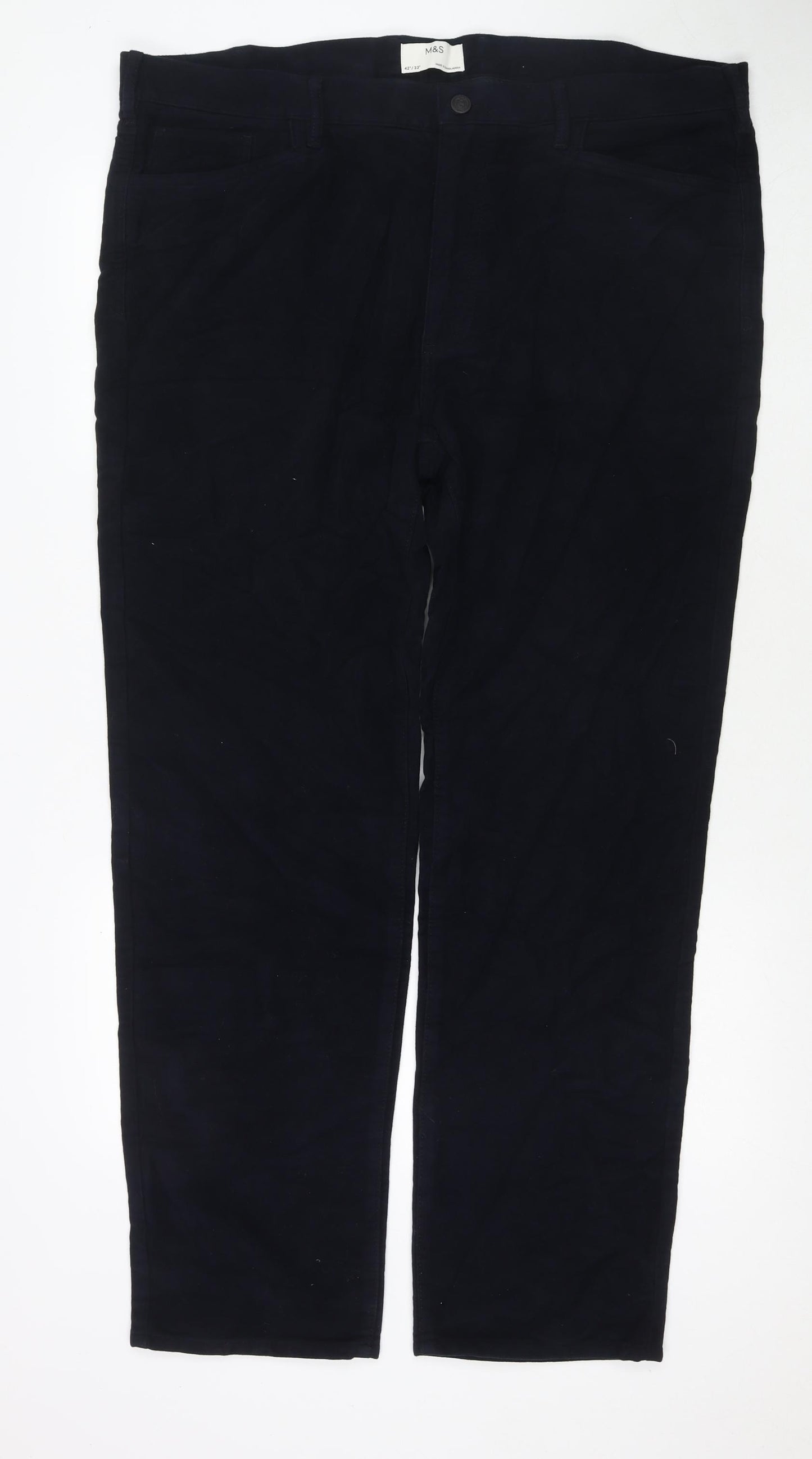 Marks and Spencer Mens Blue Cotton Trousers Size 42 in L33 in Regular Zip