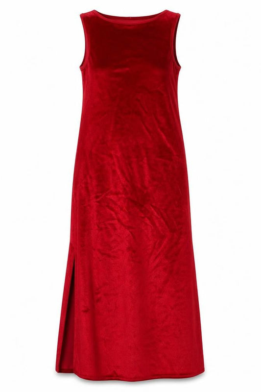 Front view of Made in U.K. women’s red polyester maxi, size XS, round neck pullover - side slit(s)