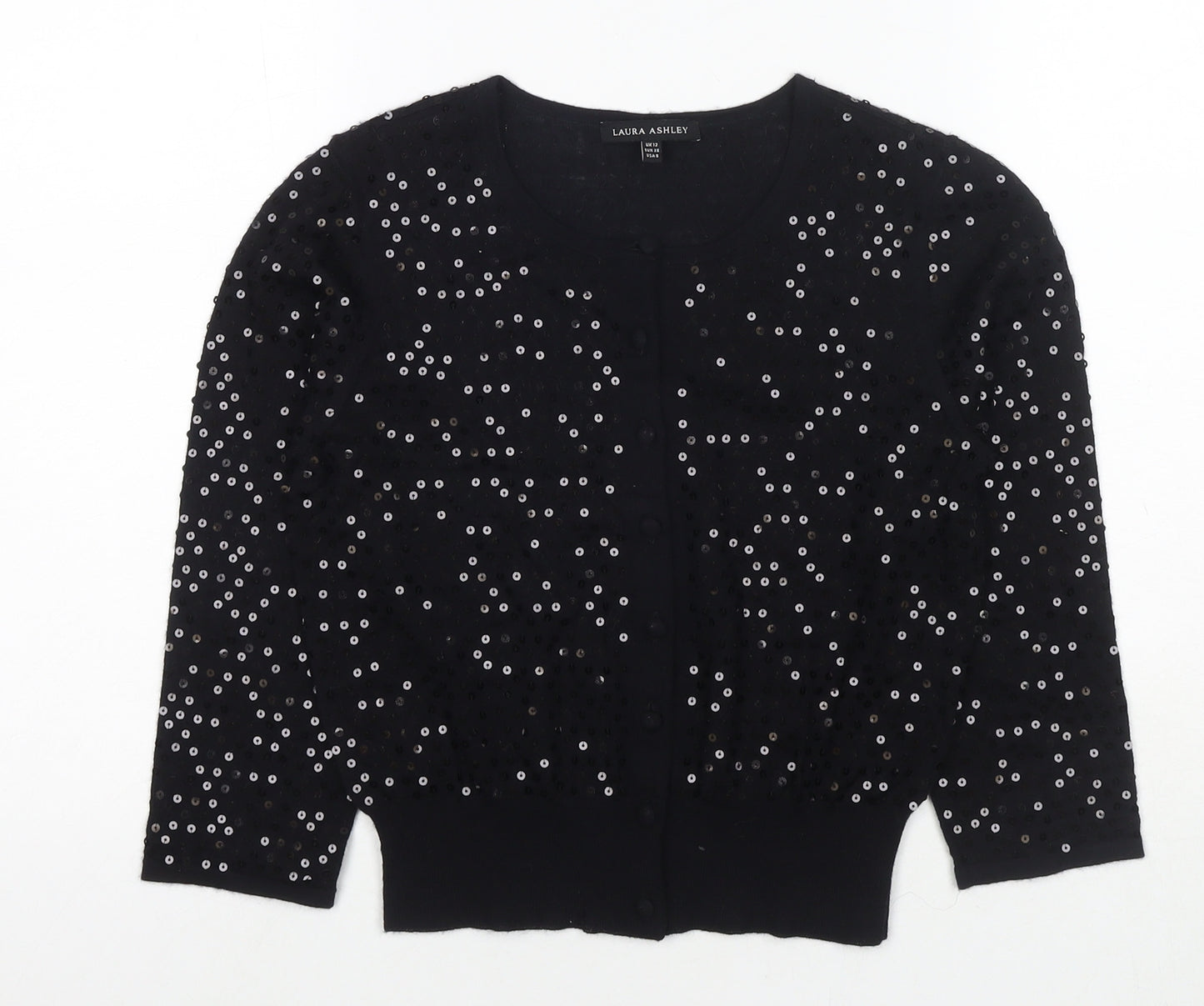 Laura Ashley Womens Black Round Neck Wool Cardigan Jumper Size 12 - Sequin Detail
