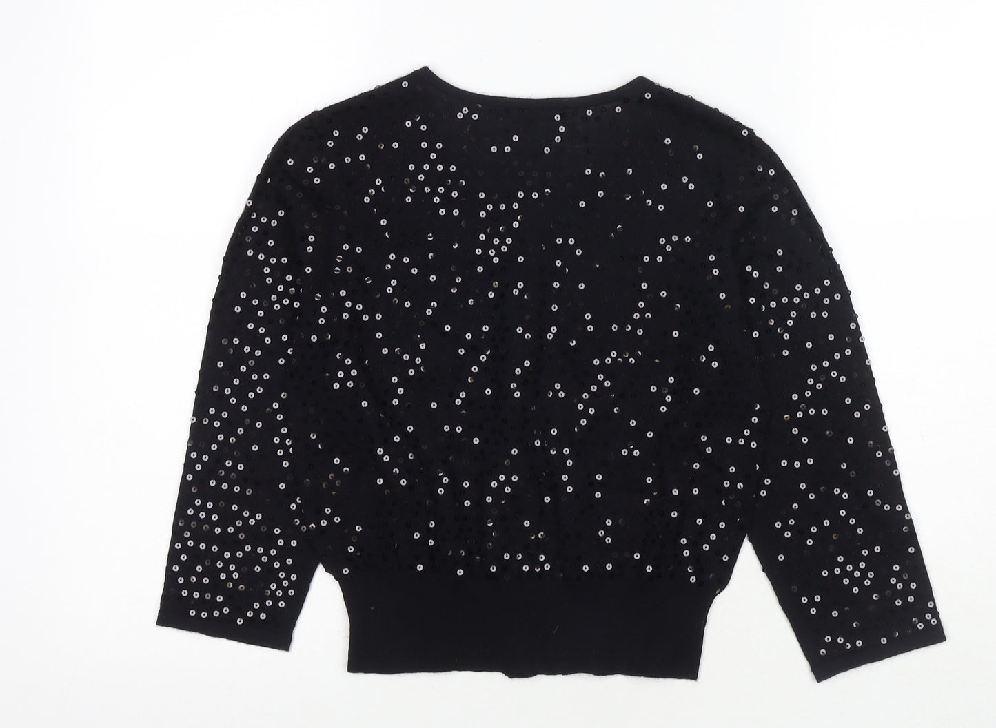 Laura Ashley Womens Black Round Neck Wool Cardigan Jumper Size 12 - Sequin Detail