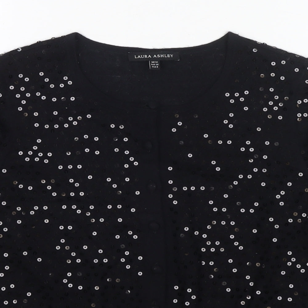 Laura Ashley Womens Black Round Neck Wool Cardigan Jumper Size 12 - Sequin Detail