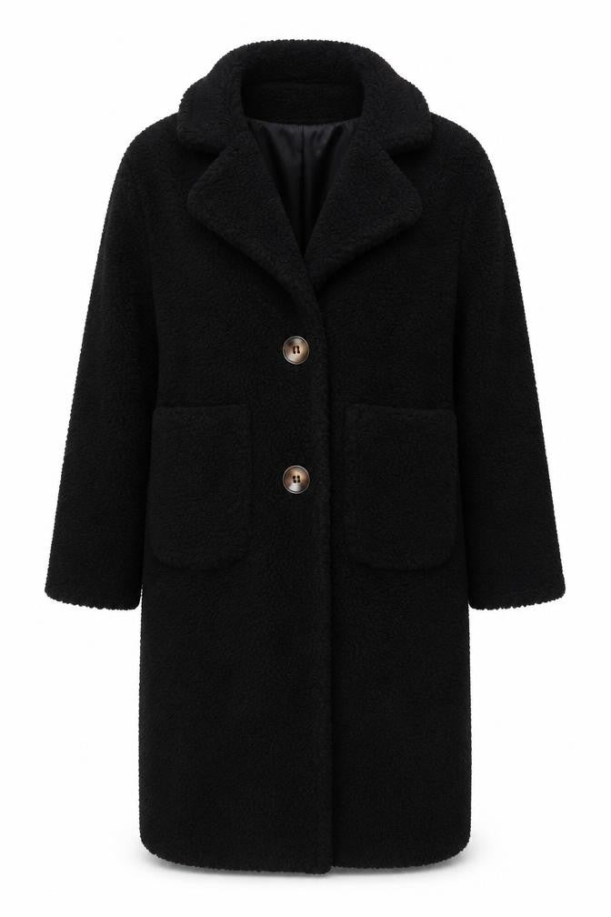 Front view of PRETTYLITTLETHING women’s black overcoat coat, size UK 4, button