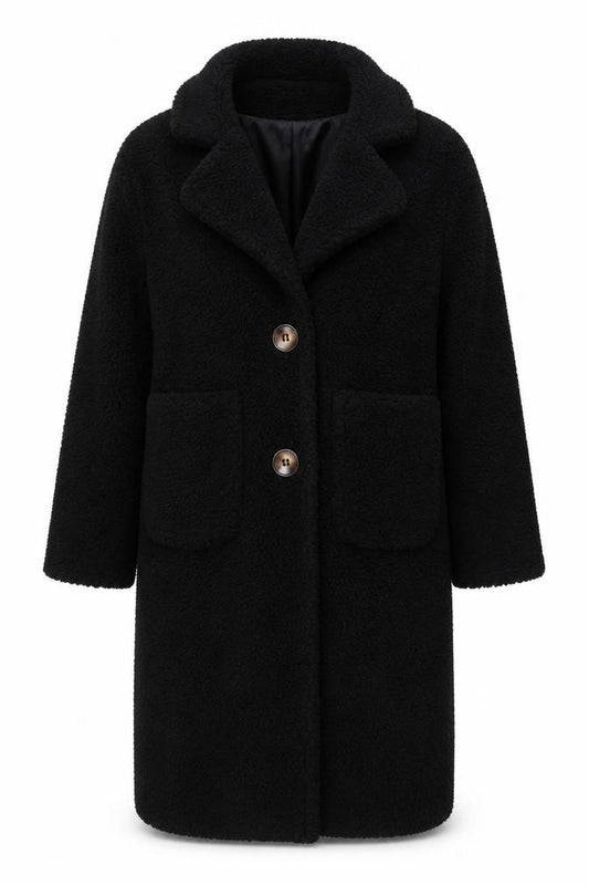 Front view of PRETTYLITTLETHING women’s black overcoat coat, size UK 4, button