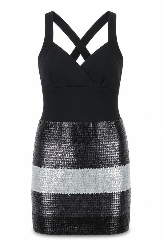 Front view of ASOS women’s black polyester mini, size UK 12, v-neck pullover - sequin detail