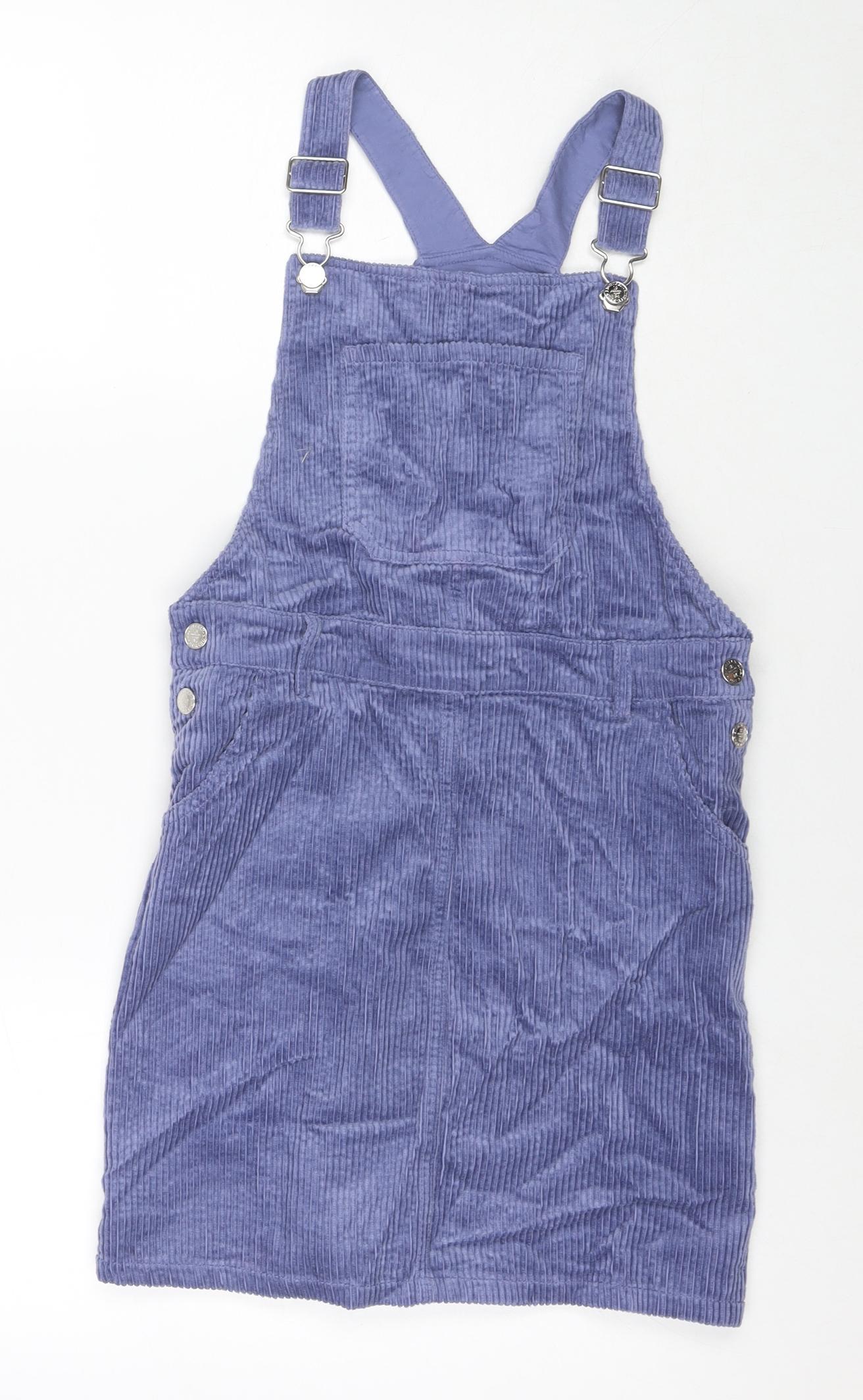 Marks and Spencer Girls Purple Cotton Pinafore/Dungaree Dress Size 11-12 Years Square Neck Button