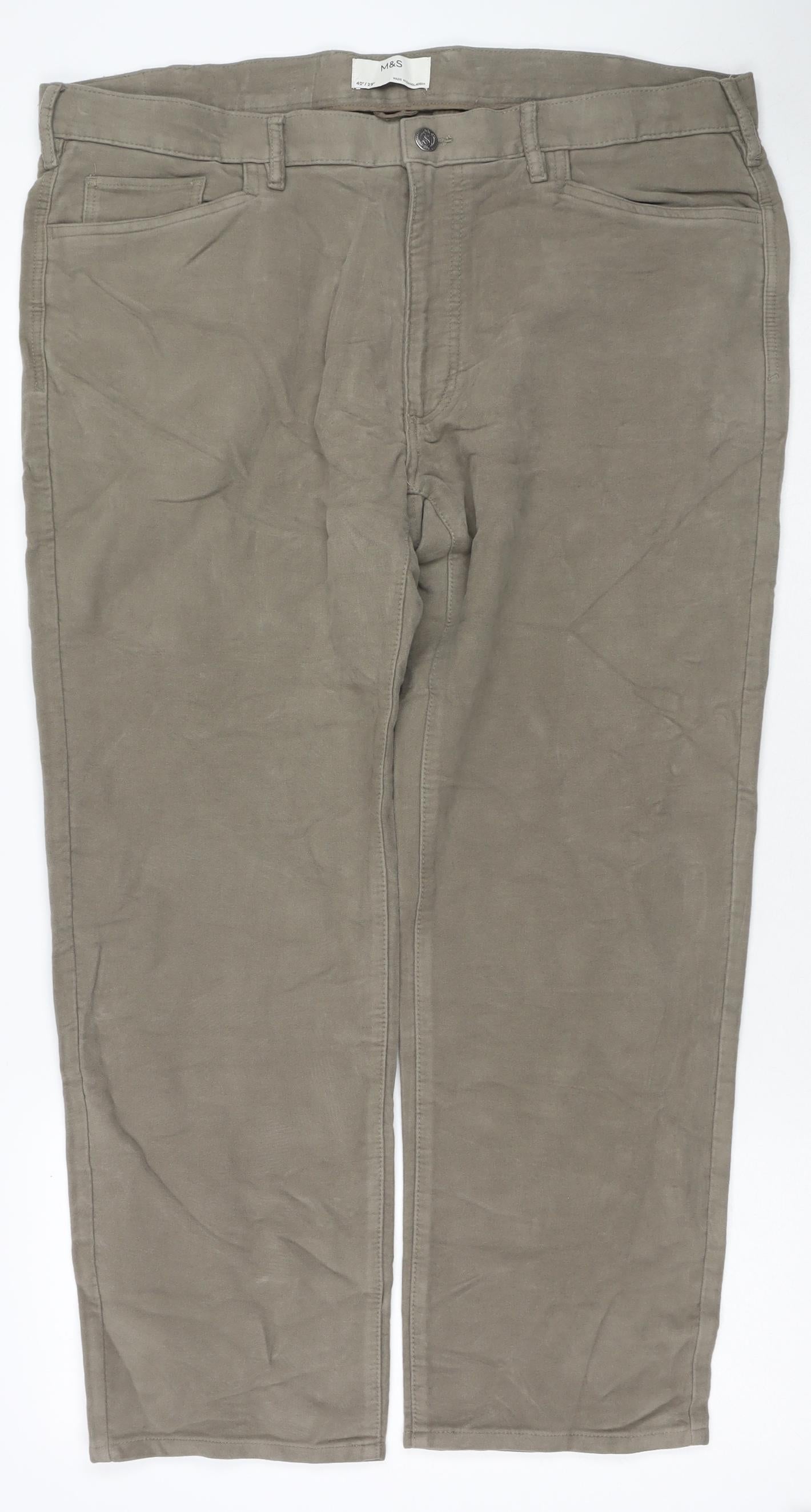 Marks and Spencer Mens Beige Cotton Trousers Size 40 in L29 in Regular Zip
