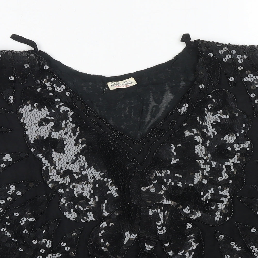 Pure Womens Black Silk Basic Blouse One Size V-Neck - Sequin Detail