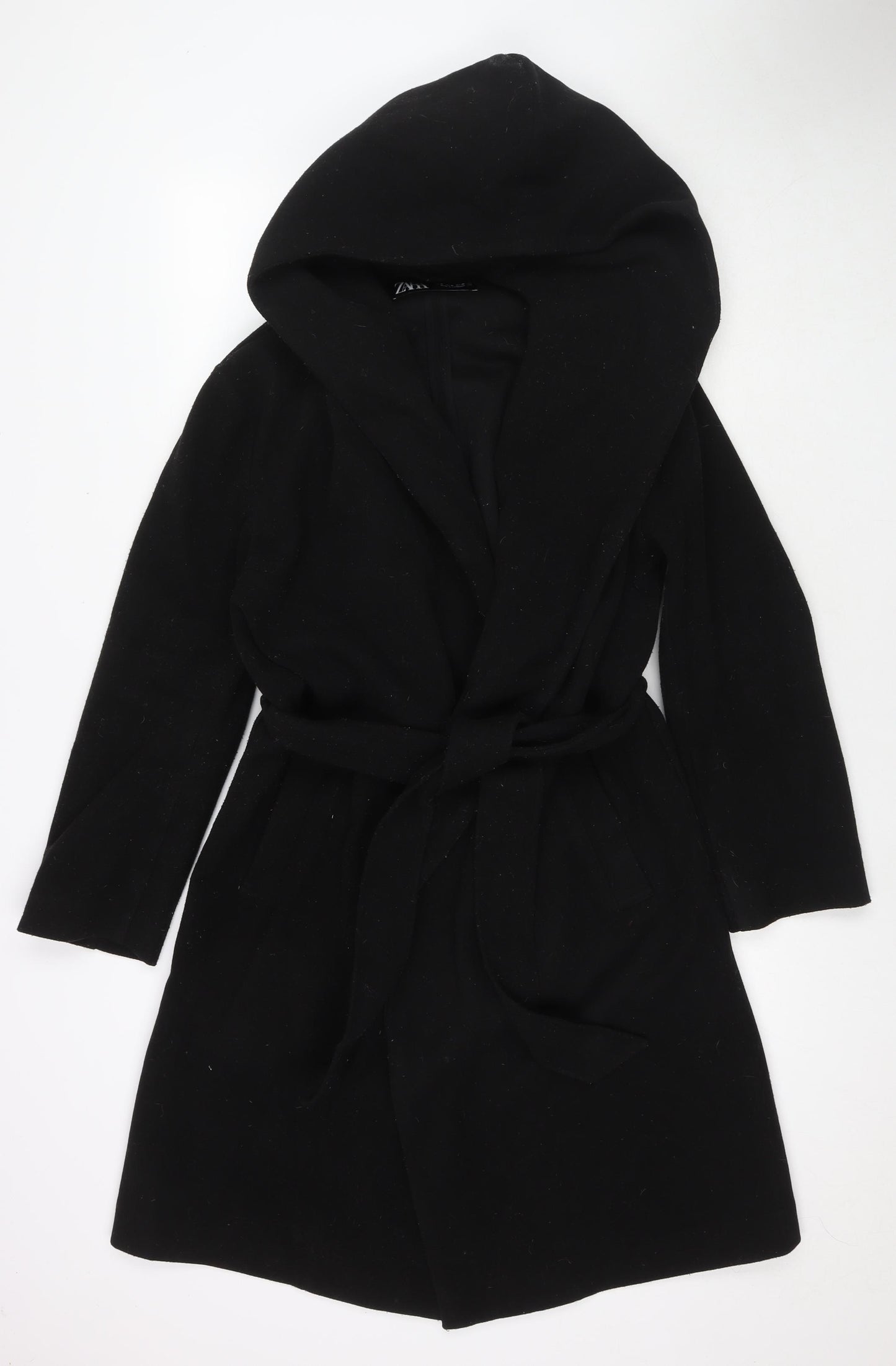 Zara Womens Black Overcoat Coat Size M Tie