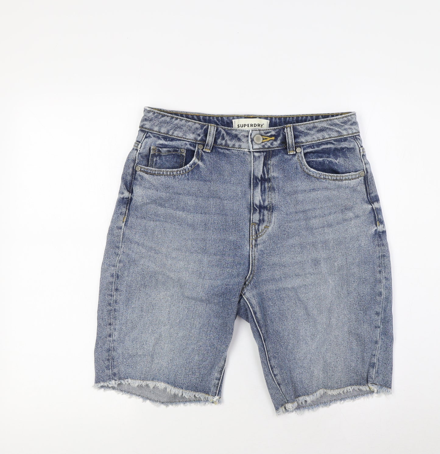 Superdry Womens Blue Cotton Basic Shorts Size 28 in L9 in Regular Zip - Raw Hem