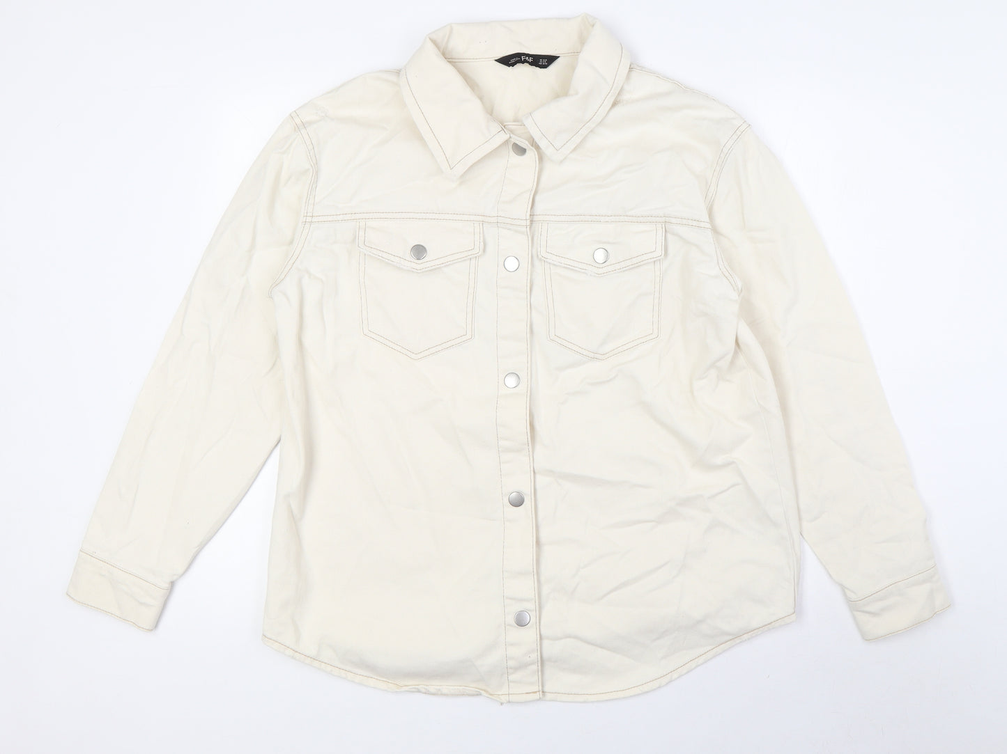 F&F Womens Ivory 100% Cotton Basic Button-Up Size 12 Collared - Destressed