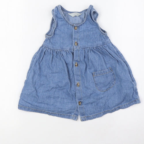 Primark Girls Blue 100% Cotton A-Line Size 9-12 Months Round Neck Button - Pocket