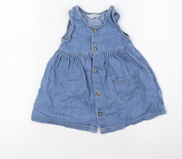 Primark Girls Blue 100% Cotton A-Line Size 9-12 Months Round Neck Button - Pocket
