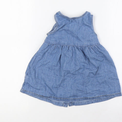 Primark Girls Blue 100% Cotton A-Line Size 9-12 Months Round Neck Button - Pocket