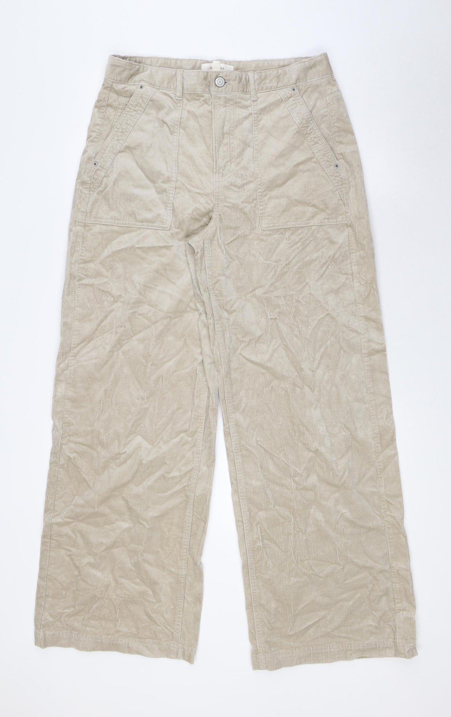 Per Una Womens Beige Cotton Trousers Size 12 L31 in Regular Zip - High Rise